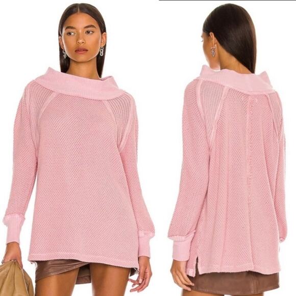 Free People Waffle Knit Oversized Mock Neck Sweater Faded Coral Women XS NWT - Picture 1 of 12